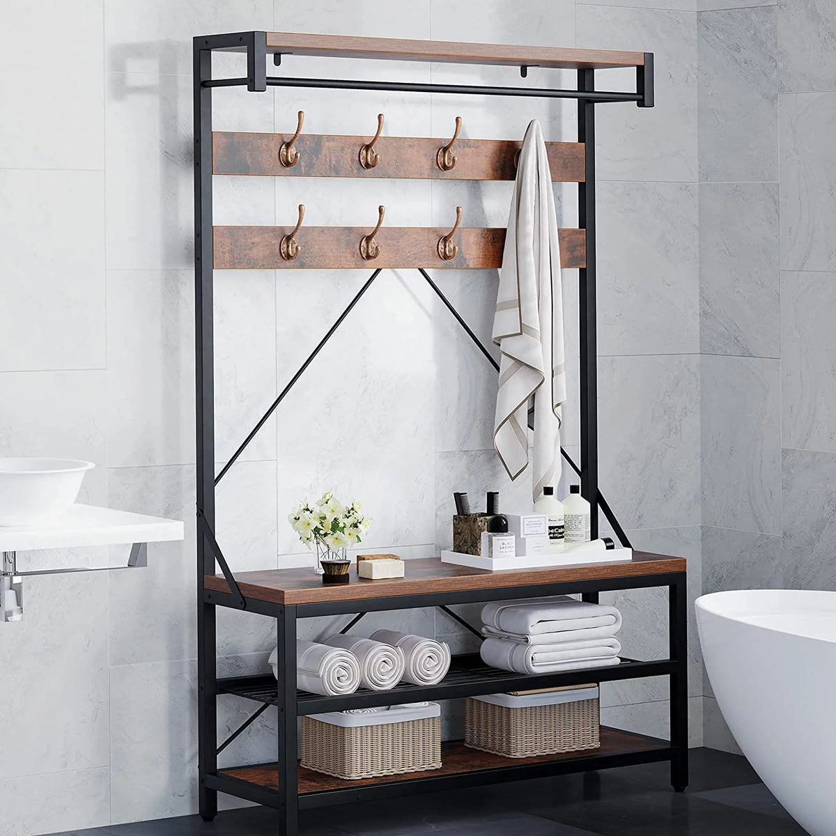 72" Storage Shoe Bench with 8 Hanging Hooks B11617