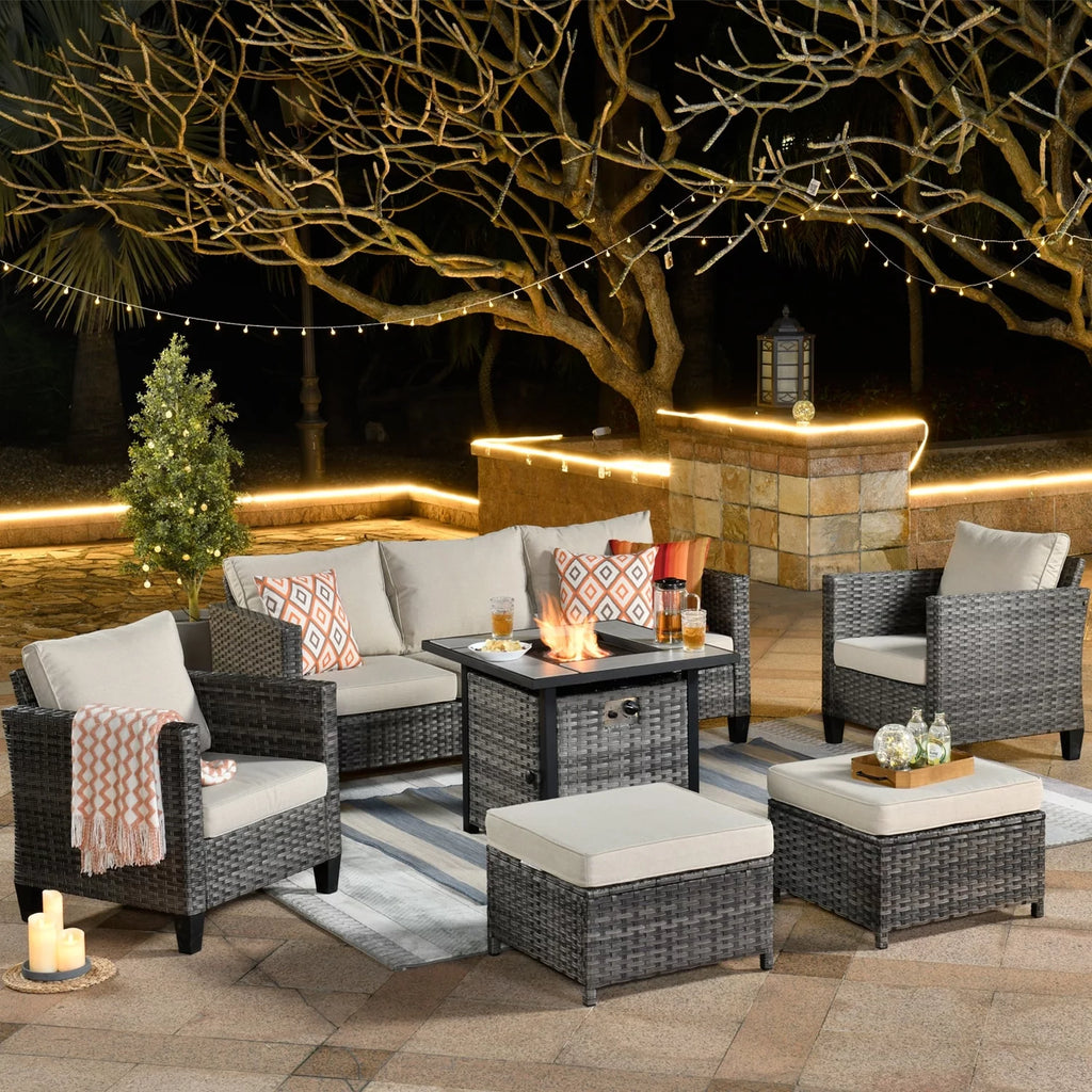 6-piece High-back Wicker Sectional Set With Fire Pit E396