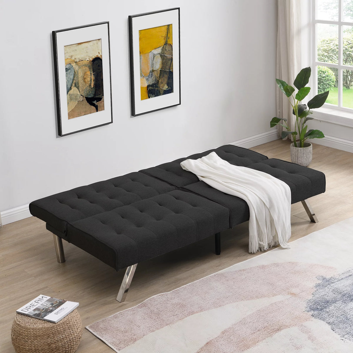 Wood Frame Stainless Leg Futon Sofa Bed Black Z749