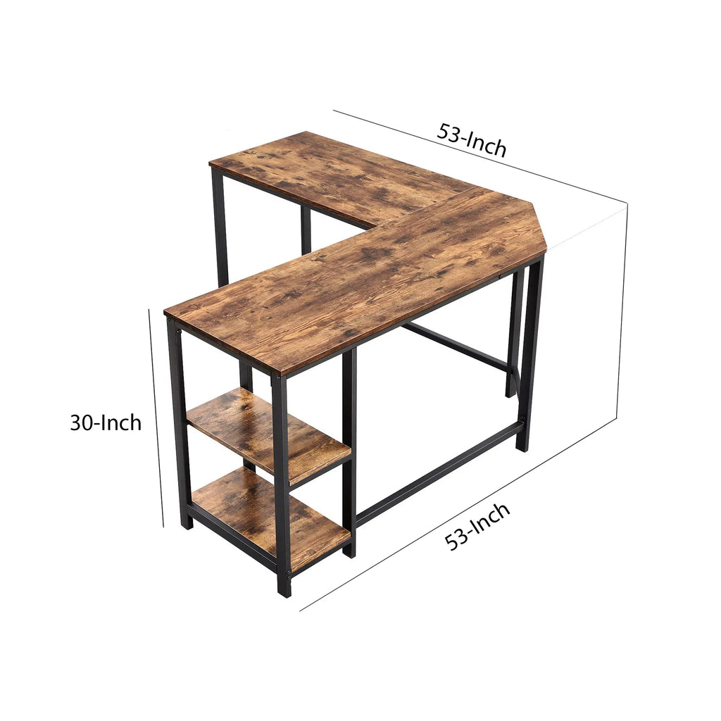 Brown and Black L Shape Computer Desk with 2 Shelves T6682