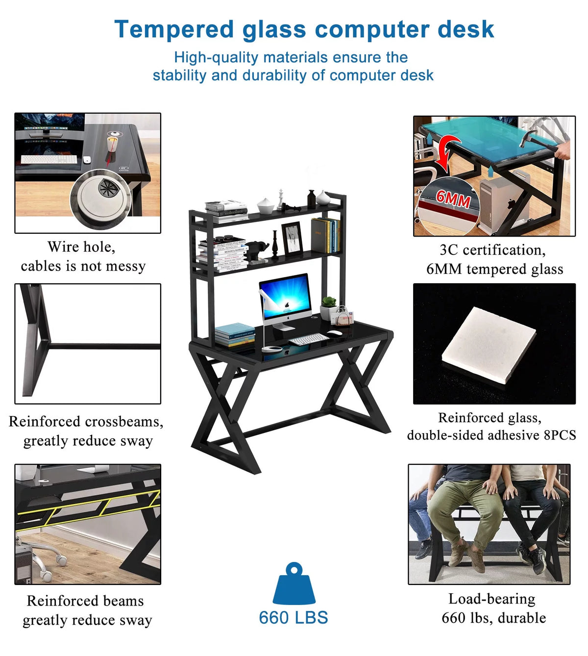 Tempered Glass Computer Desk with Hutch and Shelves U75013