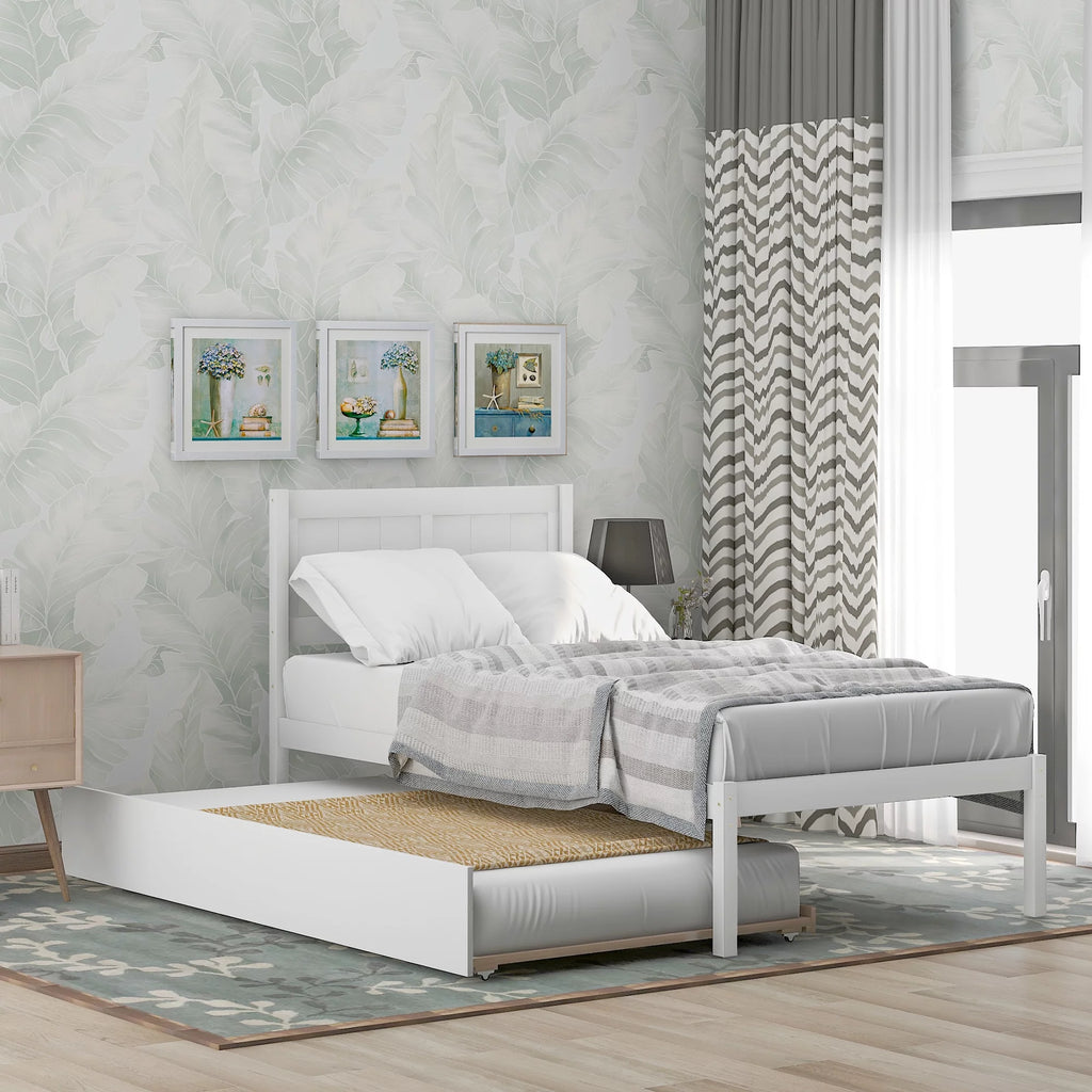 White Twin Platform Bed with Trundle, Solid Wood Bed Frame with Headboard E71137