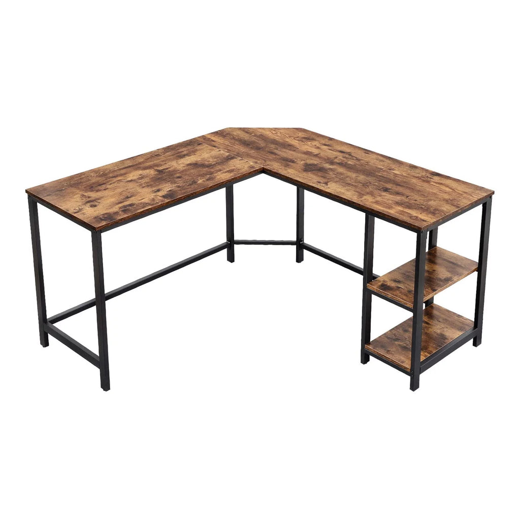 Brown and Black L Shape Computer Desk with 2 Shelves T6682