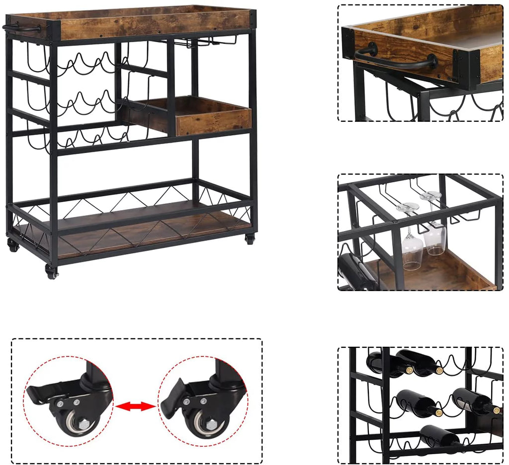 Rustic Brown Bar Cart with Wine Rack N9139