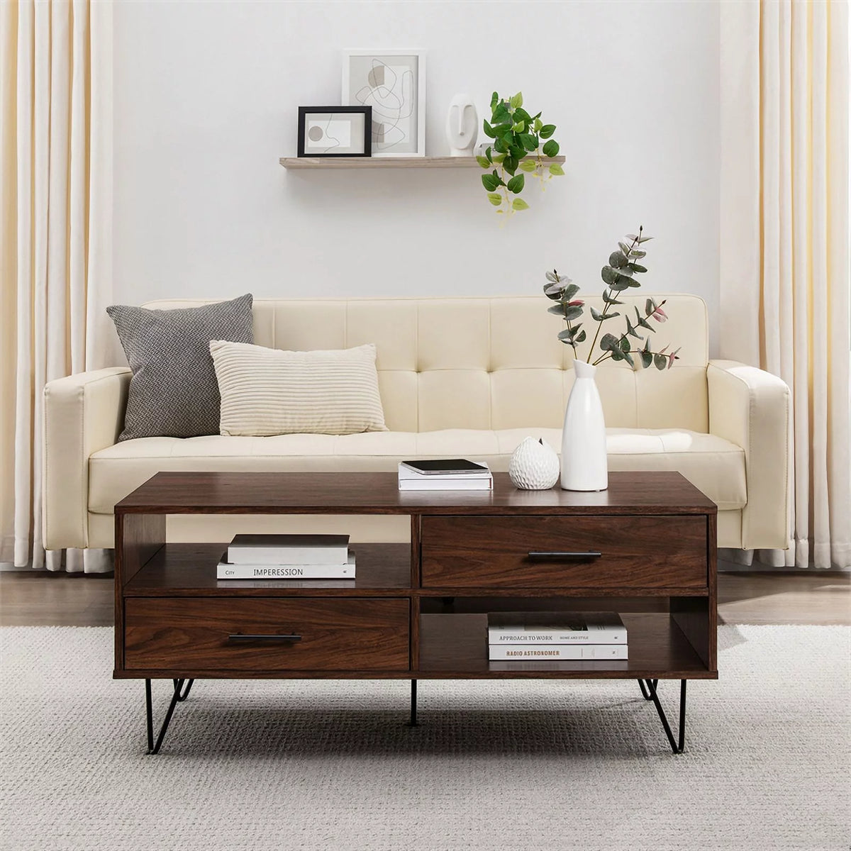 42" 2-Drawer Wood Coffee Table with Hairpin Legs D83721