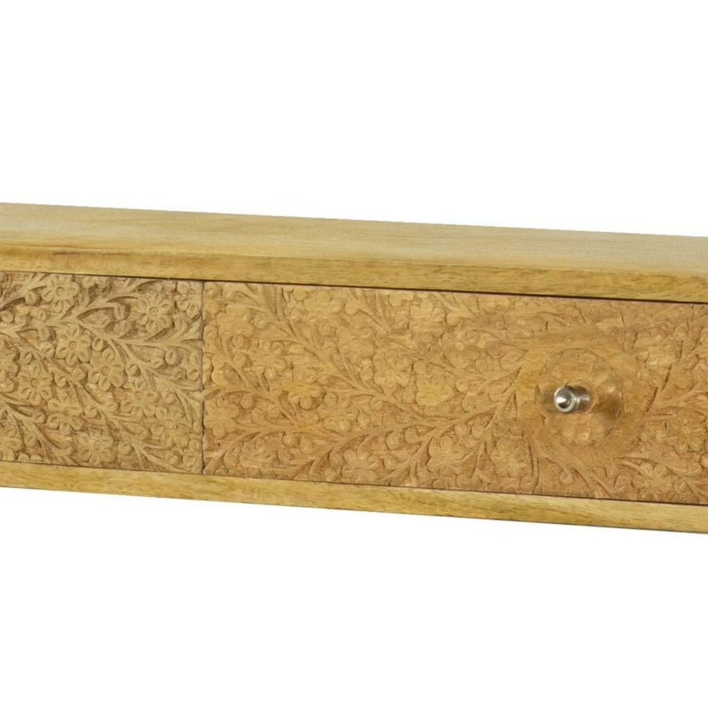 42 Inch Console Table 2 Hand Carved Drawers U Shaped Legs Brown Finish H96467