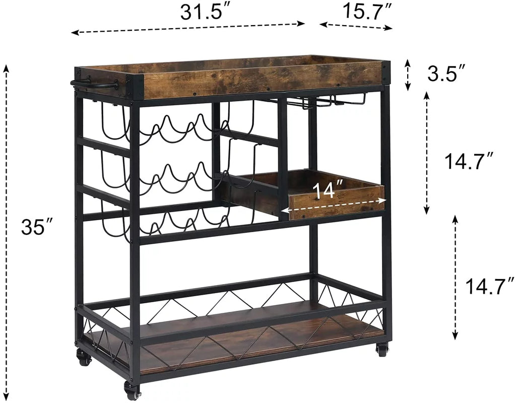 Rustic Brown Bar Cart with Wine Rack N9139
