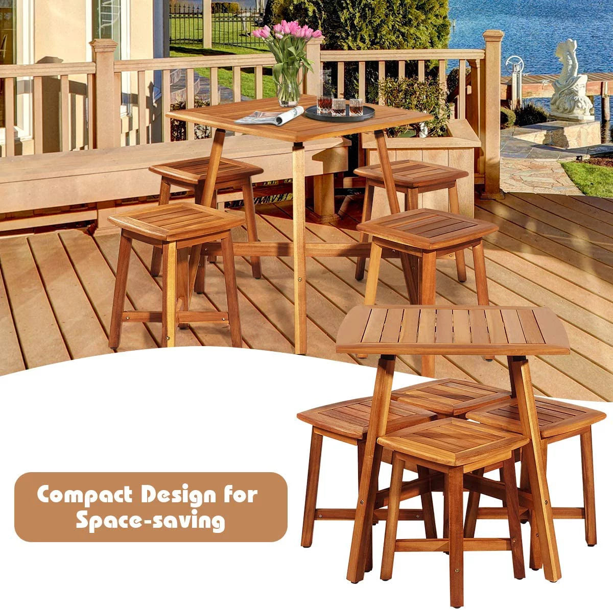 5 Piece Acacia Wood Patio Dining Furniture Set with 4 Stools D375877