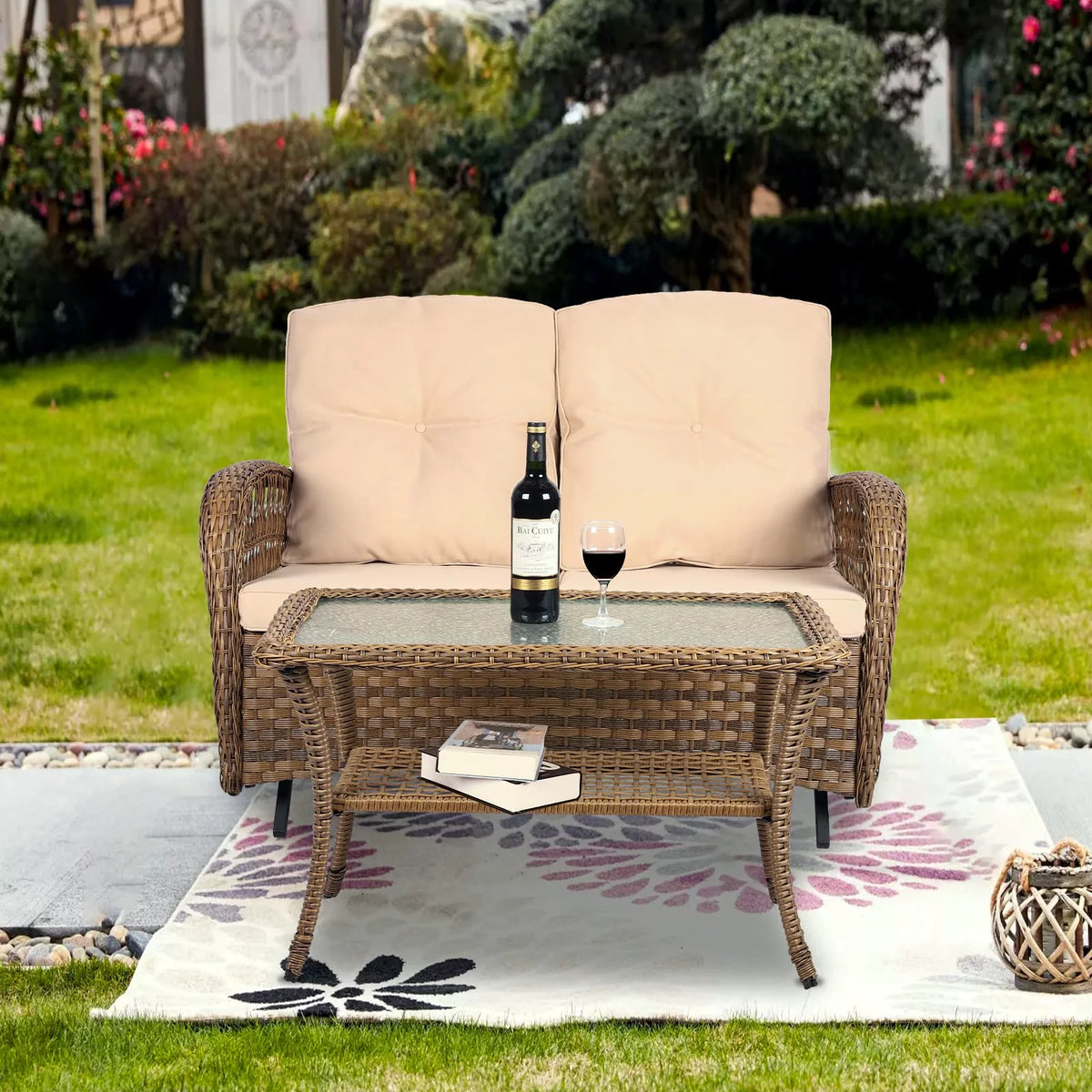 2-Piece Wicker Loveseat Glider Set with Coffee Table and Cushions R697