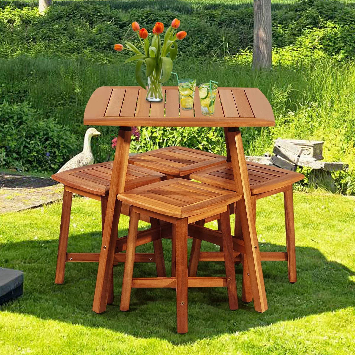 5 Piece Acacia Wood Patio Dining Furniture Set with 4 Stools D375877