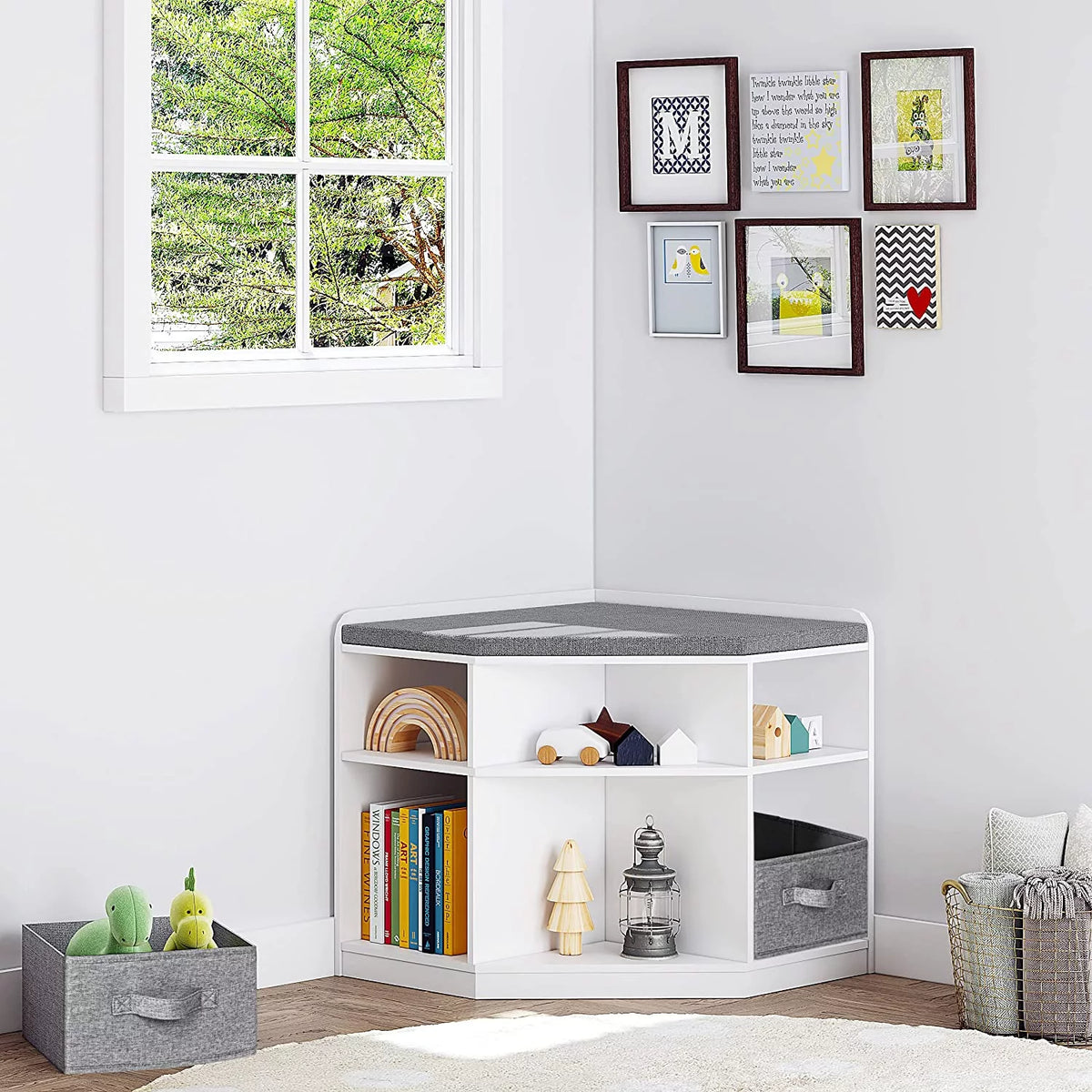 Kids Bookcase with Bench and 6 Cubbies, White T919341