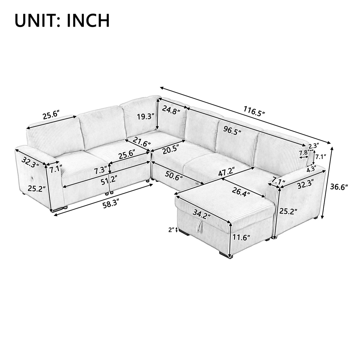 Beige 7-Seater Corduroy Sectional Sofa with Storage Chaise H16021