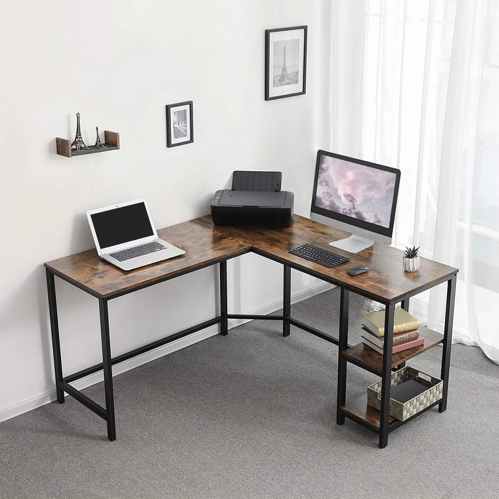 Brown and Black L Shape Computer Desk with 2 Shelves T6682