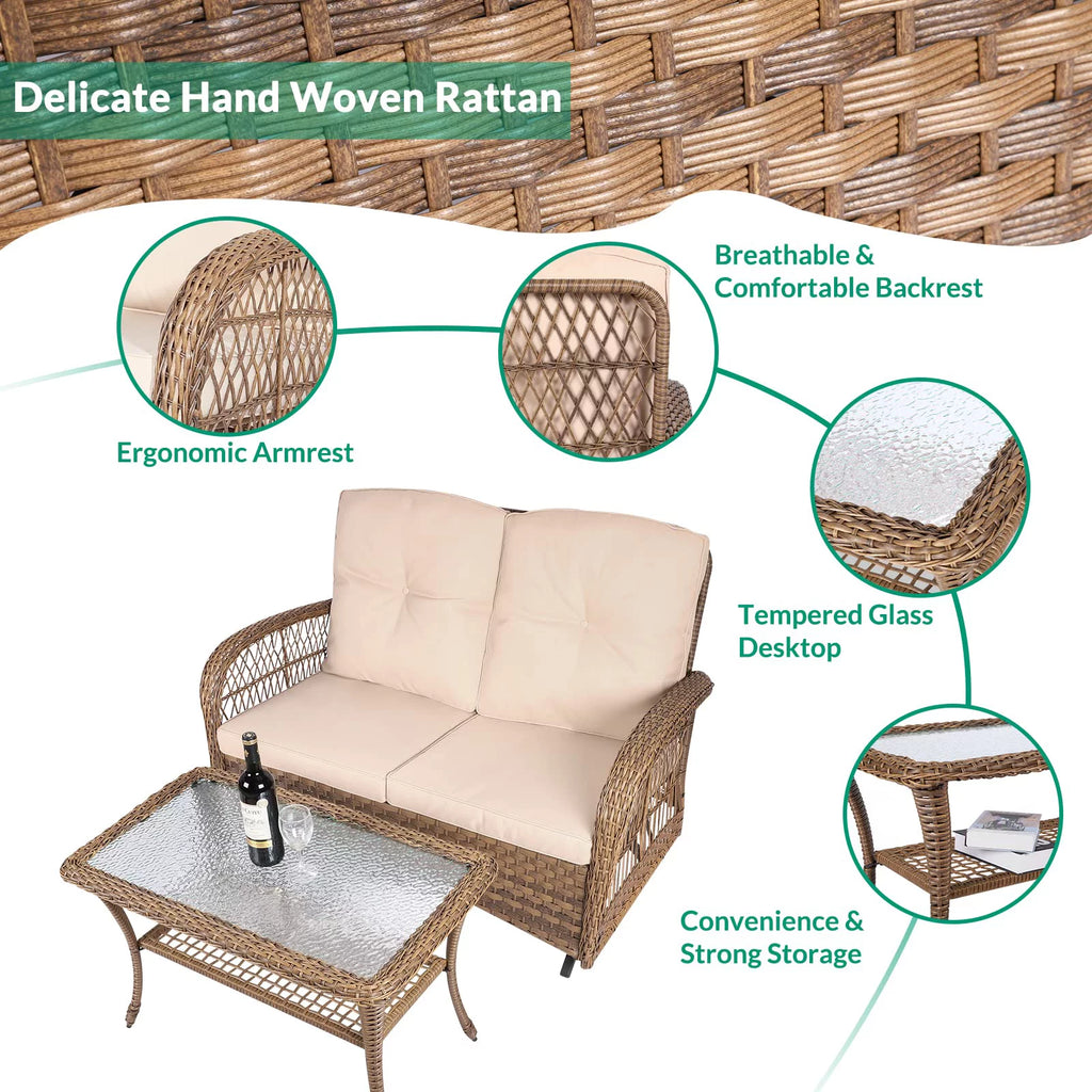 2-Piece Wicker Loveseat Glider Set with Coffee Table and Cushions R697