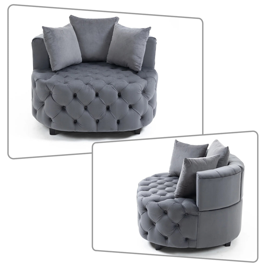 Gray Velvet Tufted Barrel Chair with Wooden Legs and 3 Pillows L67013