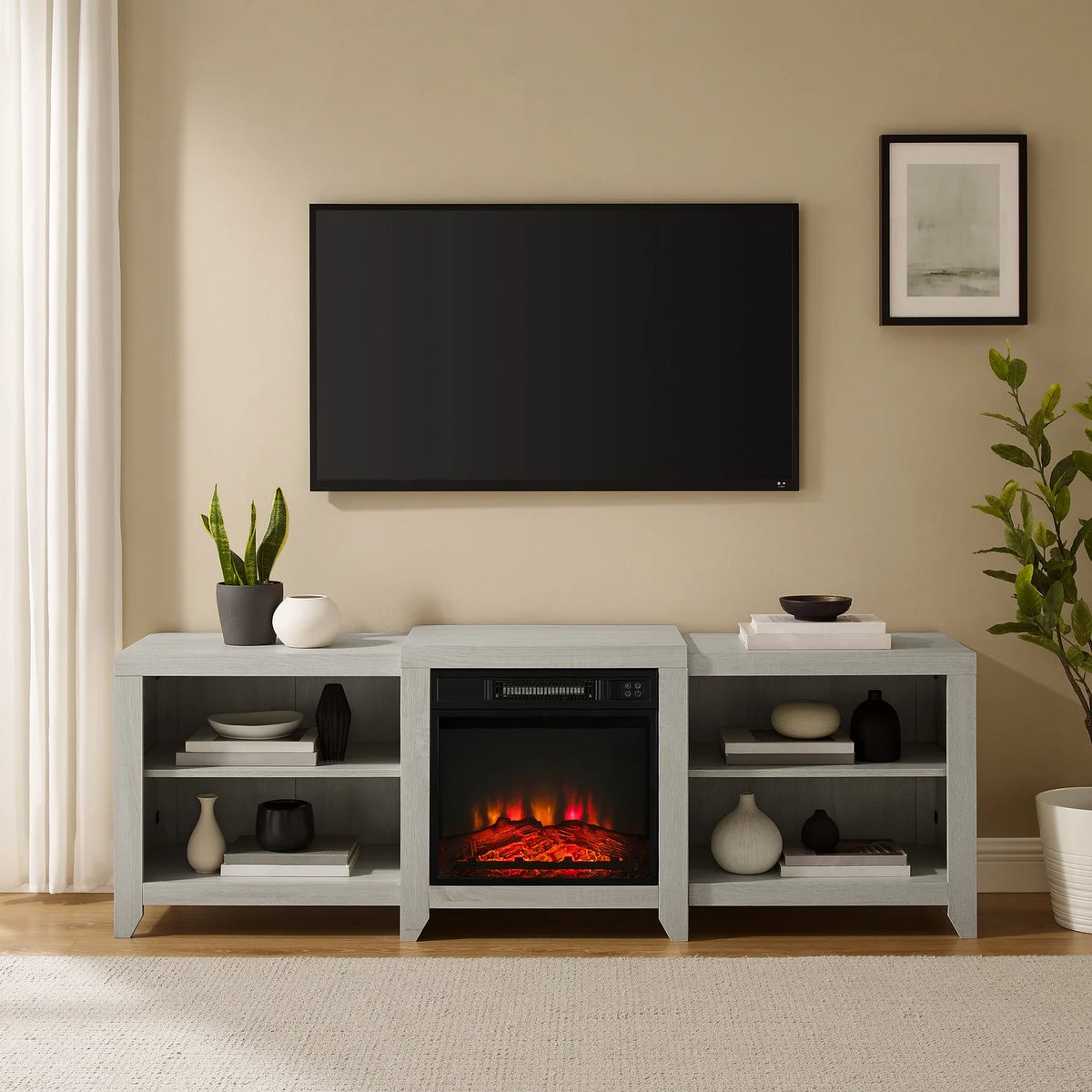 69" Low Profile Tv Stand W/Fireplace Whitewash R191