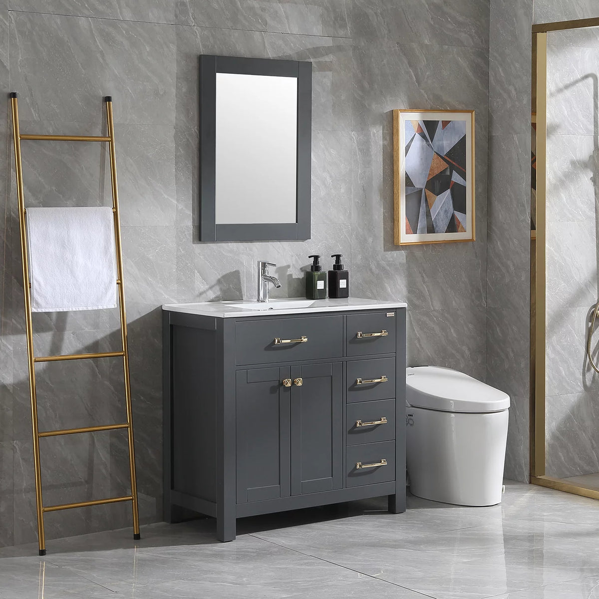 36" Gray Bathroom Vanity Cabinet with 2 Doors and 5 Drawers Y73815