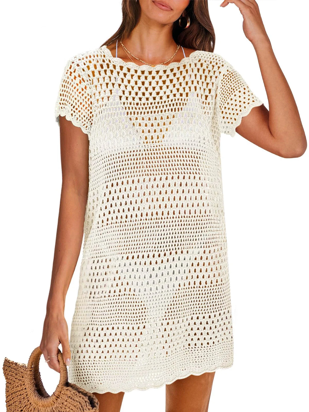 Crochet Hollow Out Knit Short Sleeve Beach Dress N77967