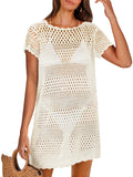 Crochet Hollow Out Knit Short Sleeve Beach Dress N77967