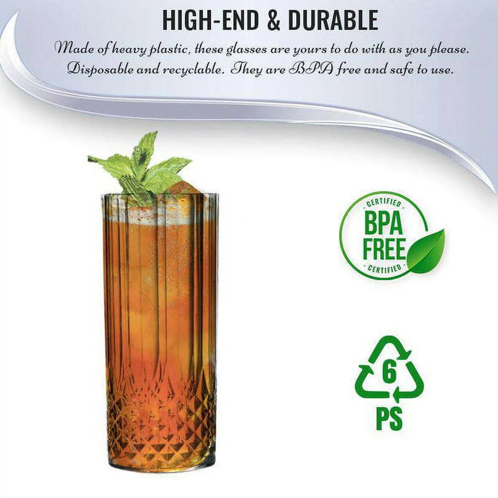 14 oz Clear Crystal Cut High Ball Plastic Glasses 48ct G9718
