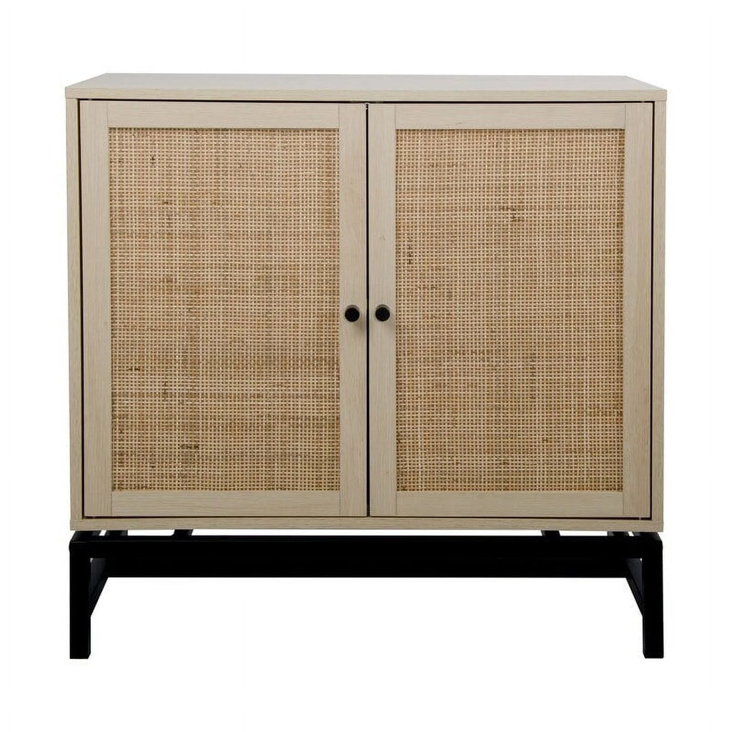 White Wood Rattan Accent Cabinet with Doors and Shelf N7537