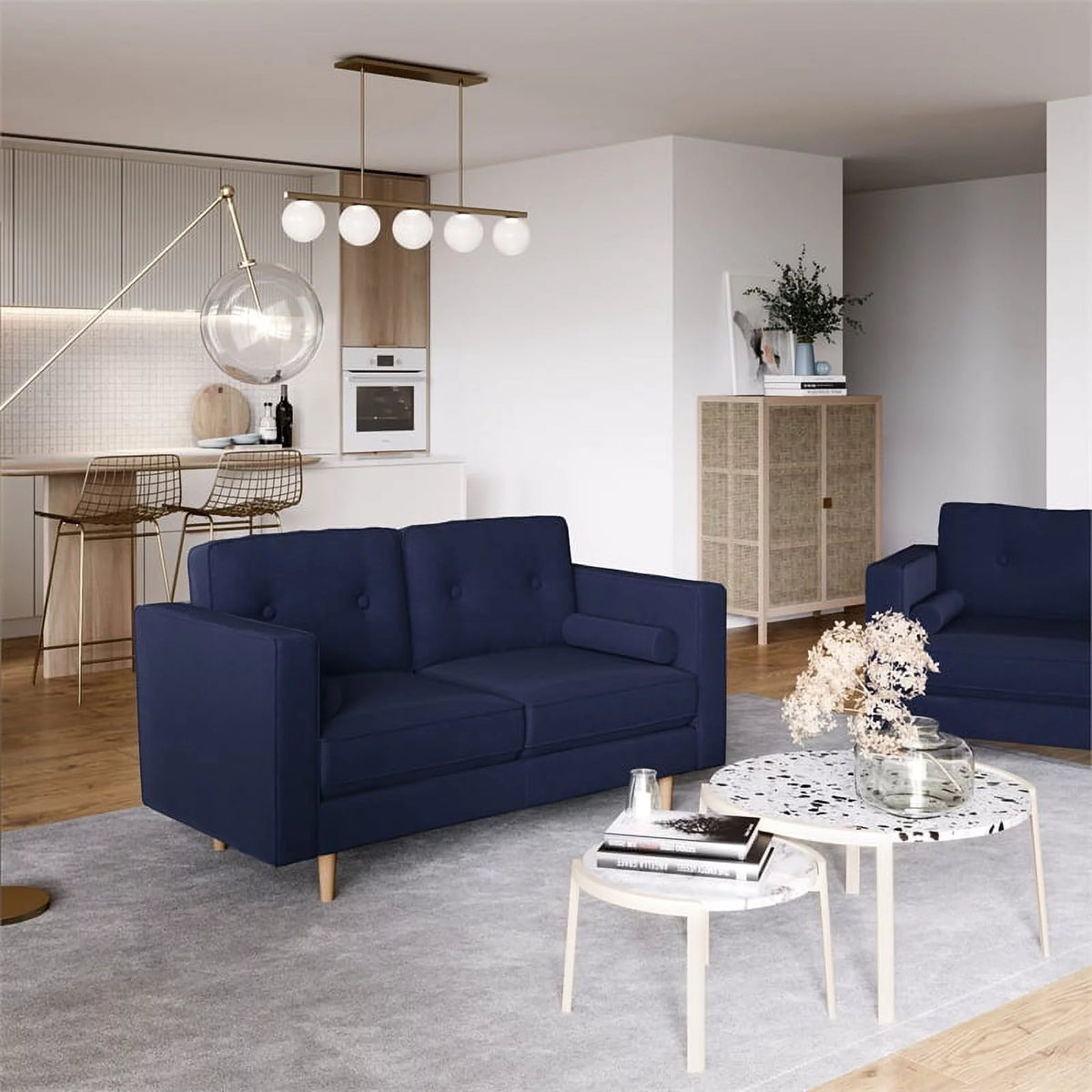 Navy Blue Fabric Upholstered Loveseat F717213