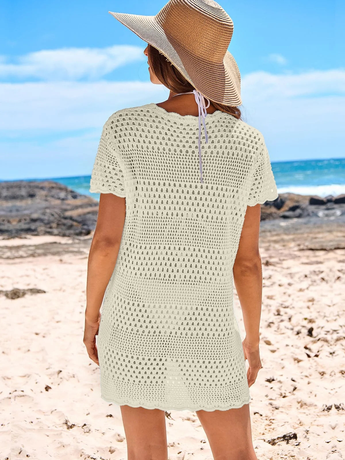 Crochet Hollow Out Knit Short Sleeve Beach Dress N77967