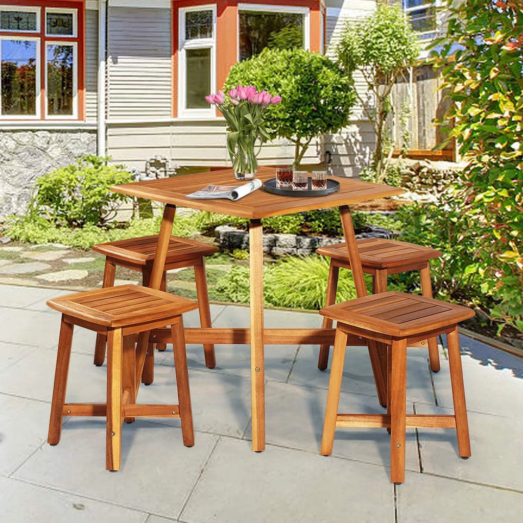 5 Piece Acacia Wood Patio Dining Furniture Set with 4 Stools D375877
