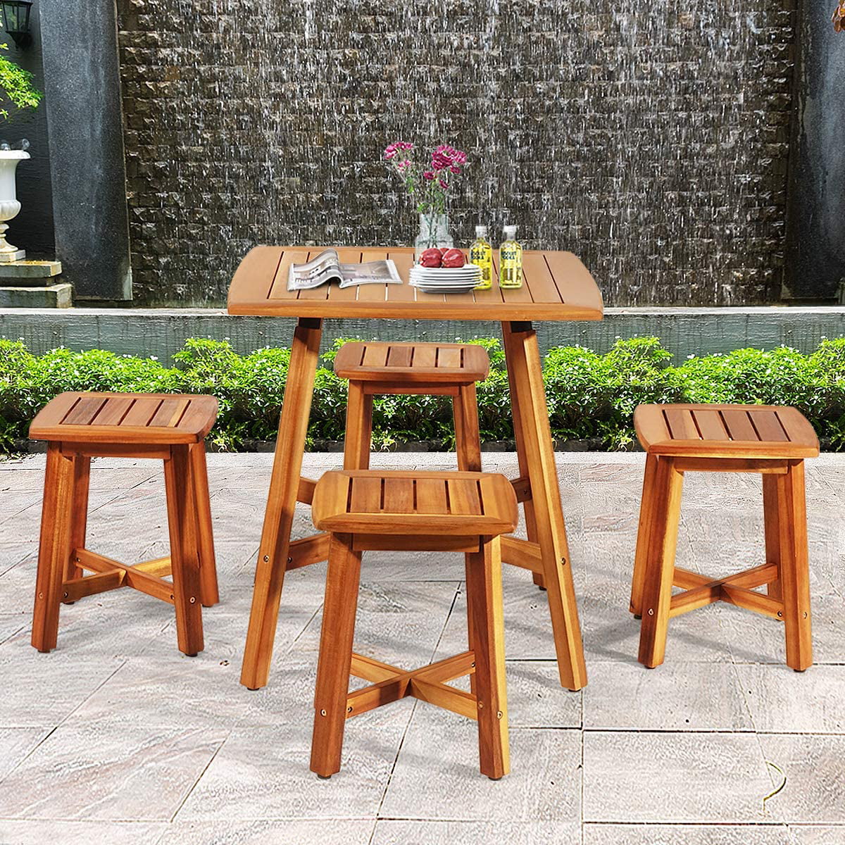 5 Piece Acacia Wood Patio Dining Furniture Set with 4 Stools D375877