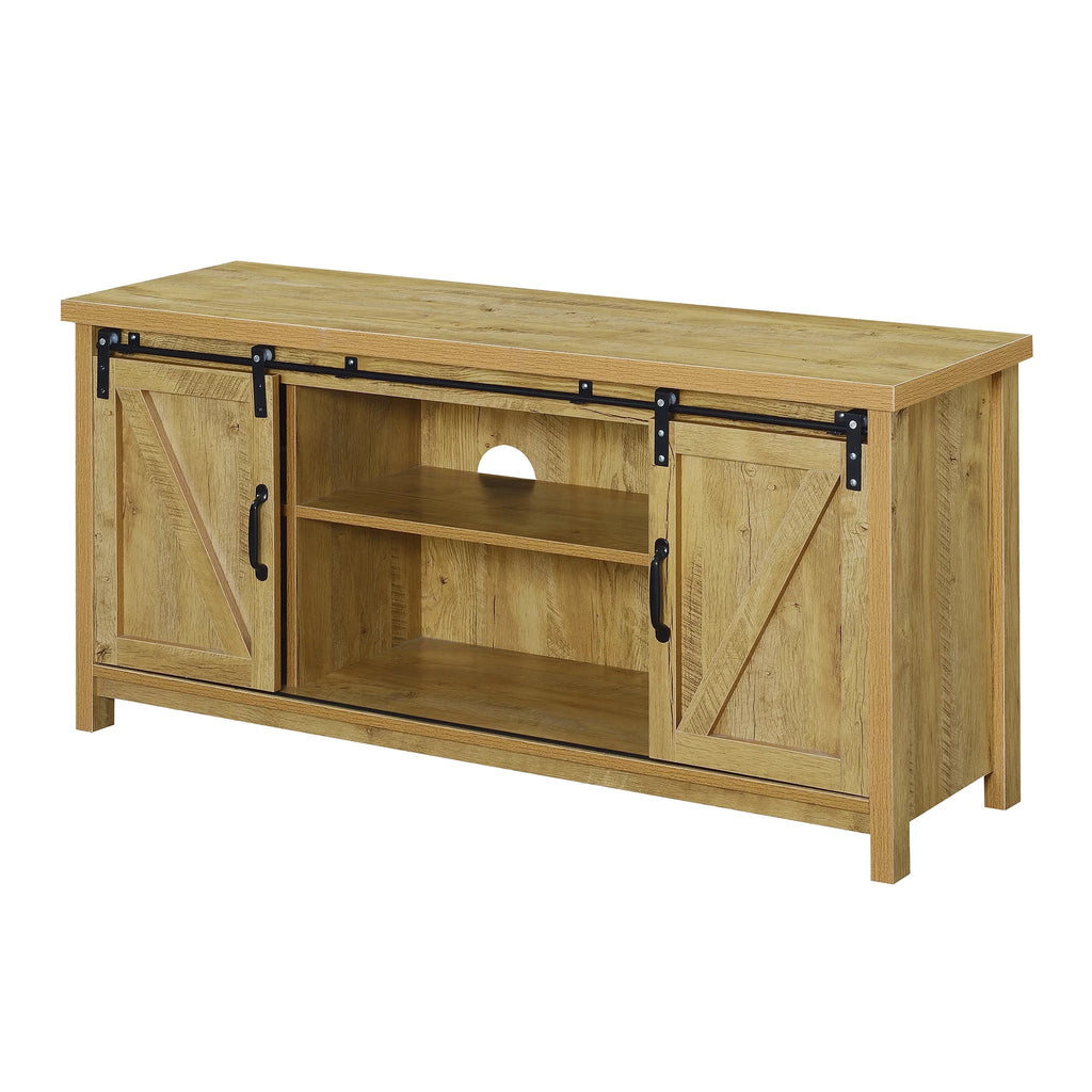 English Oak TV Stand with Shelves and Sliding Cabinets Q647751