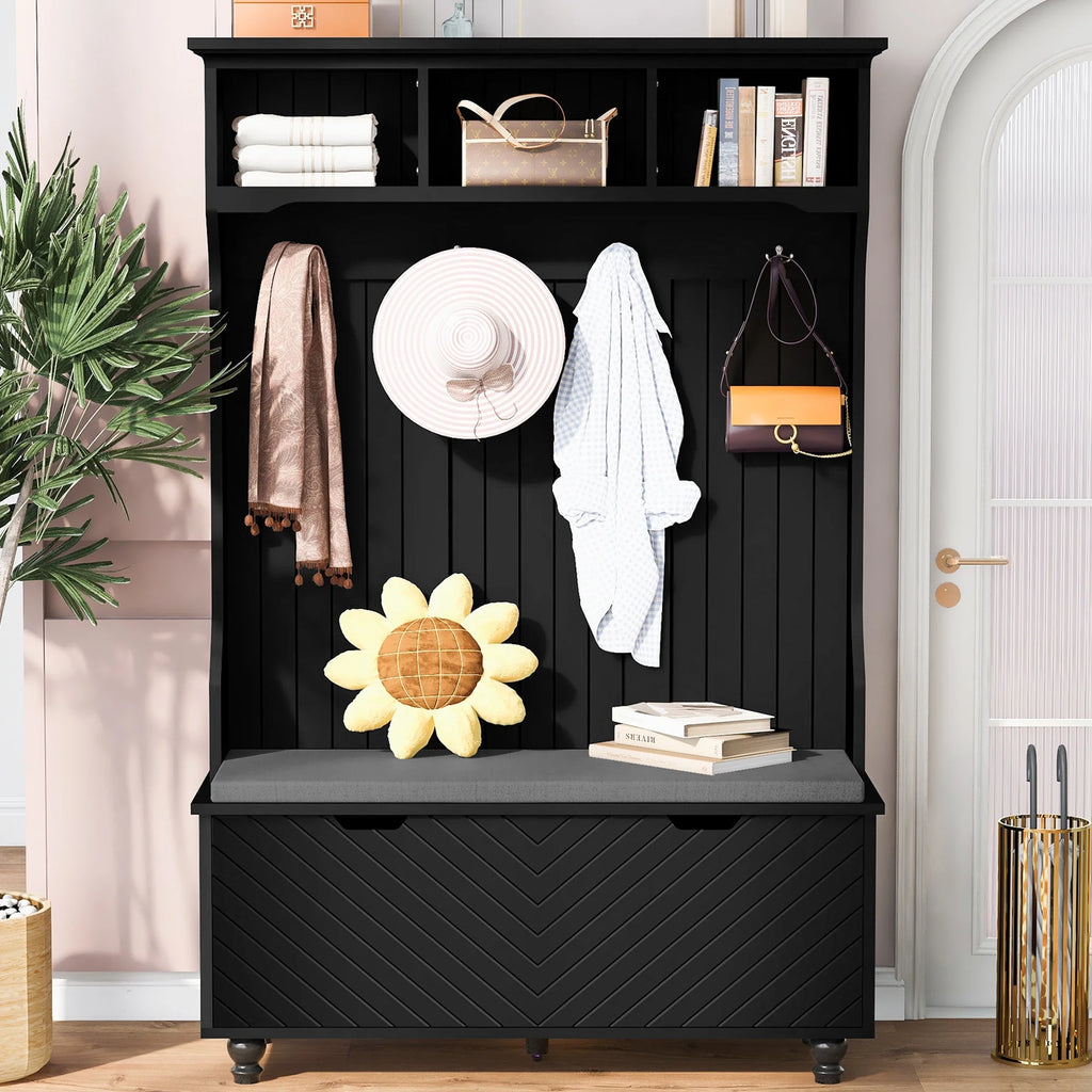 White Wood Hall Tree with Bench and Shoe Storage Z448953