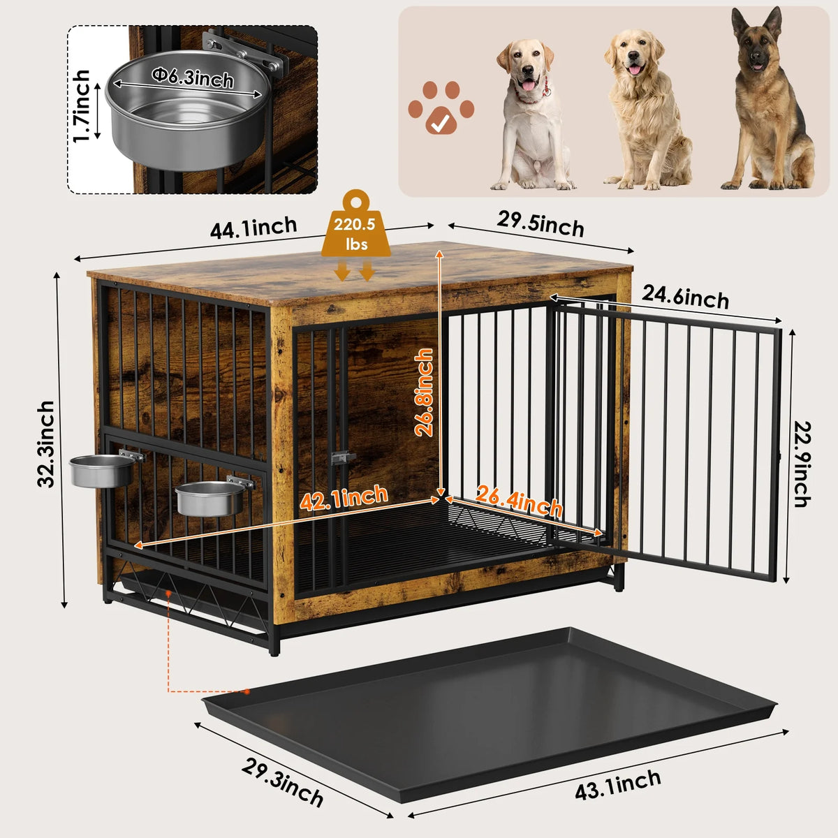 Wooden Dog Crate with 2 Stainless Steel Bowls M35732