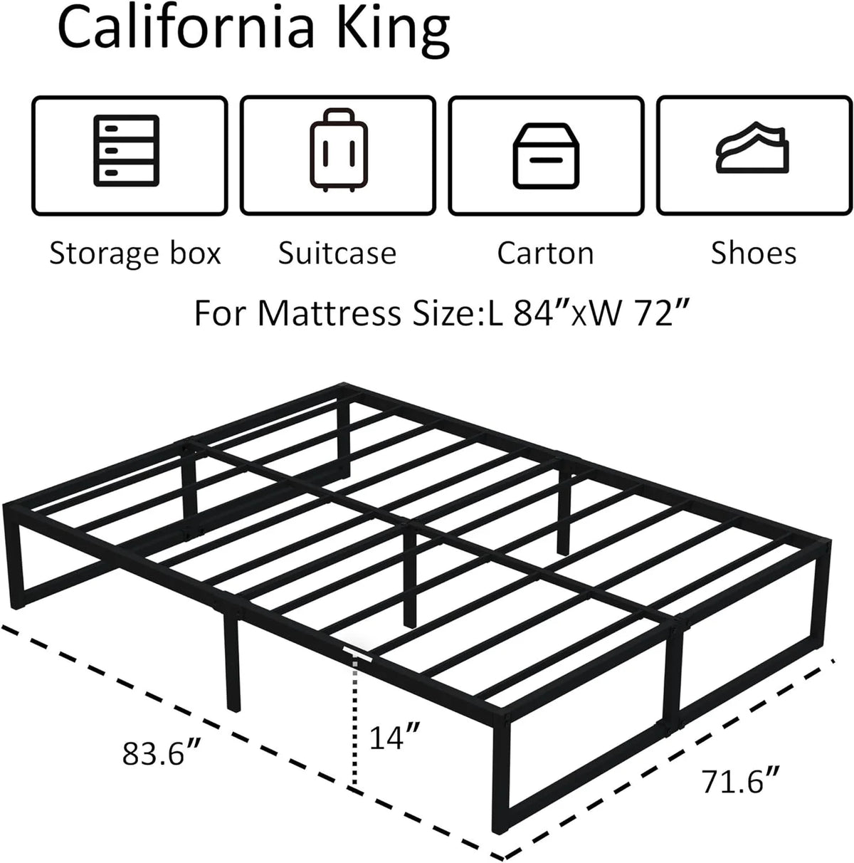 14 Inch California King Heavy Duty Metal Platform Bed Frame, Black F7617