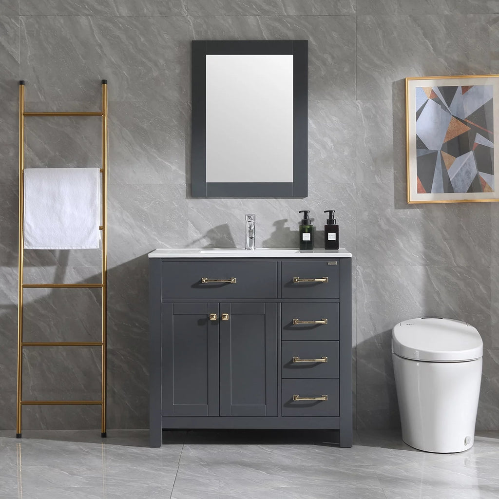 36" Gray Bathroom Vanity Cabinet with 2 Doors and 5 Drawers Y73815