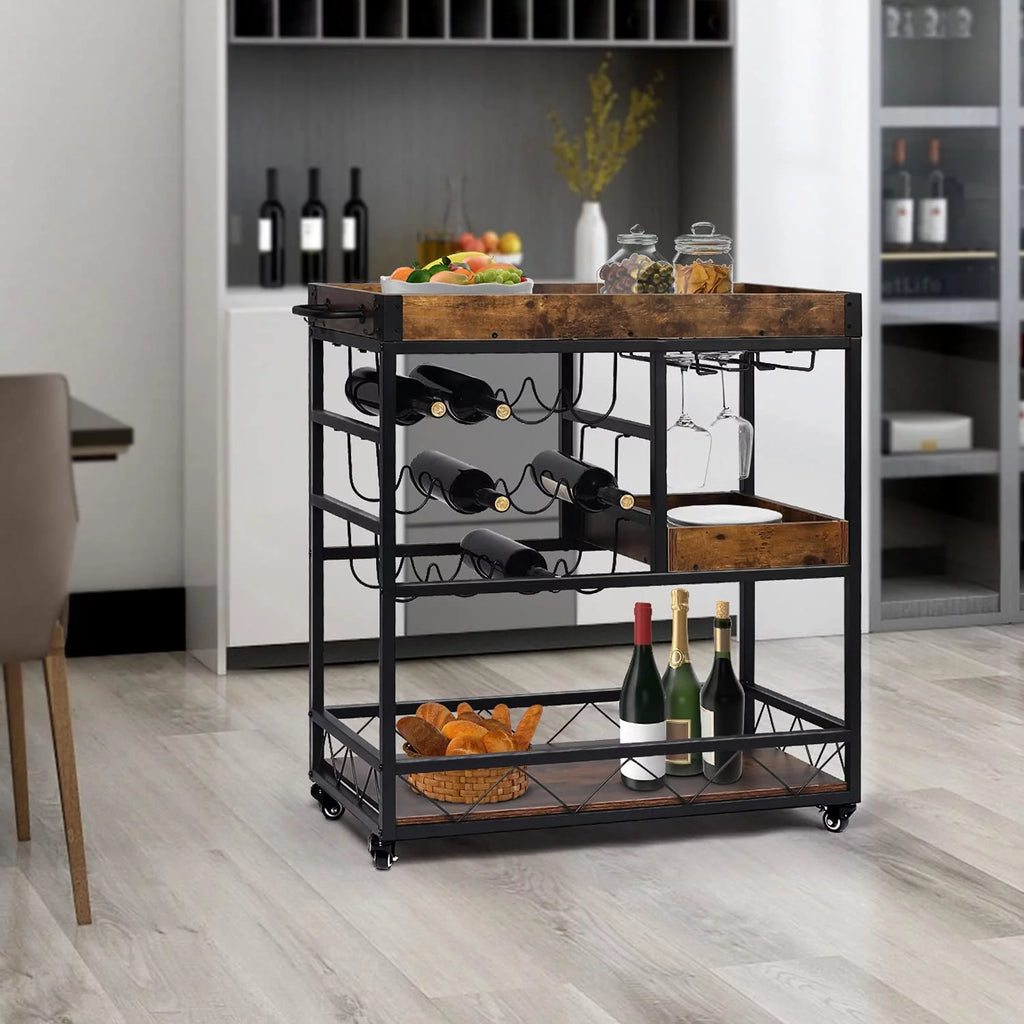 Rustic Brown Bar Cart with Wine Rack N9139