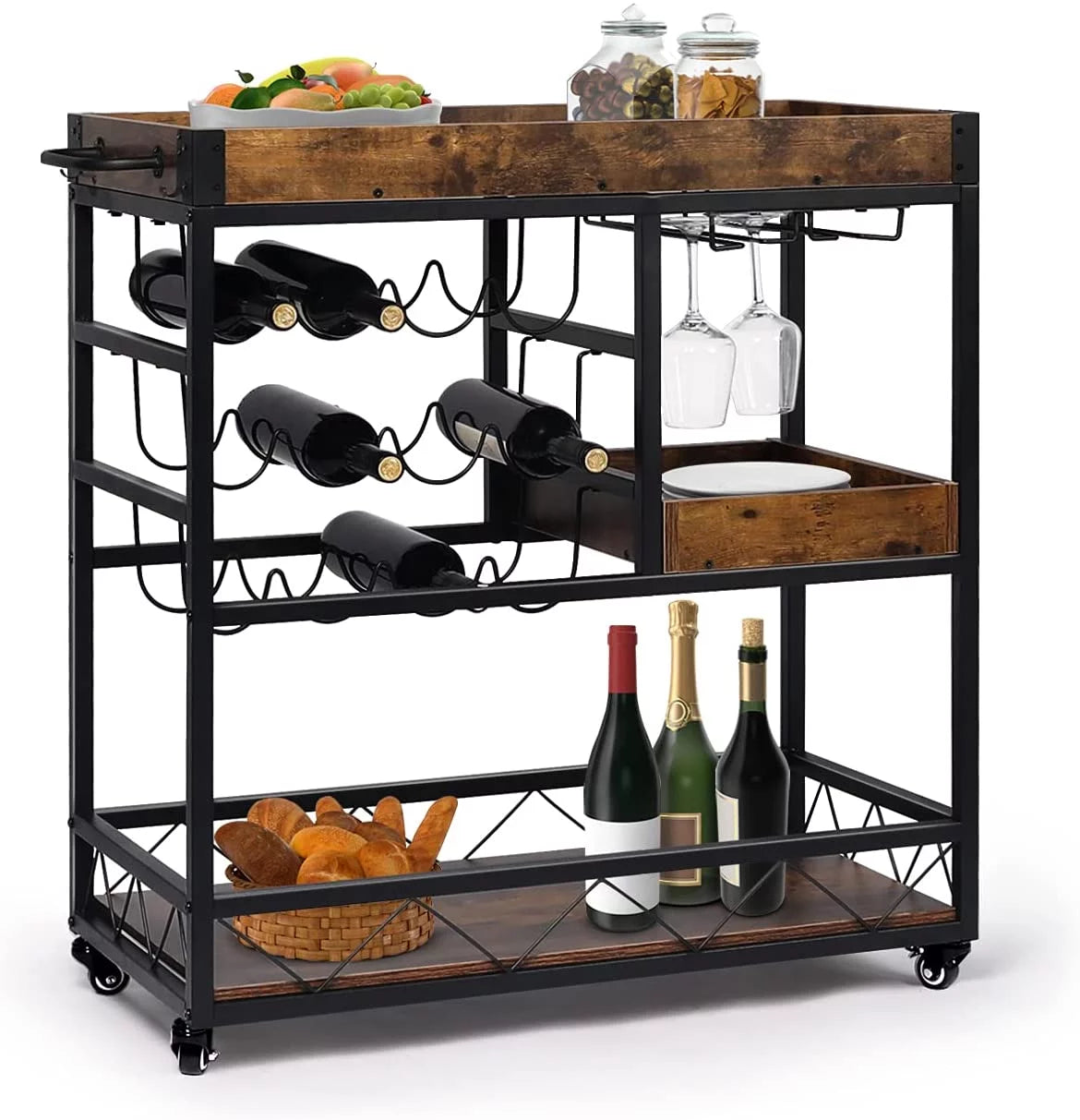 Rustic Brown Bar Cart with Wine Rack N9139