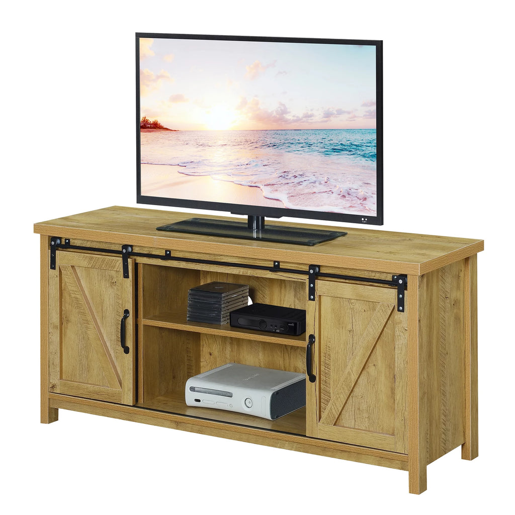 English Oak TV Stand with Shelves and Sliding Cabinets Q647751