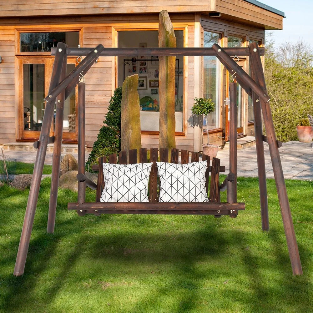Hardwood Patio Swing with Stand Dark Brown I60079