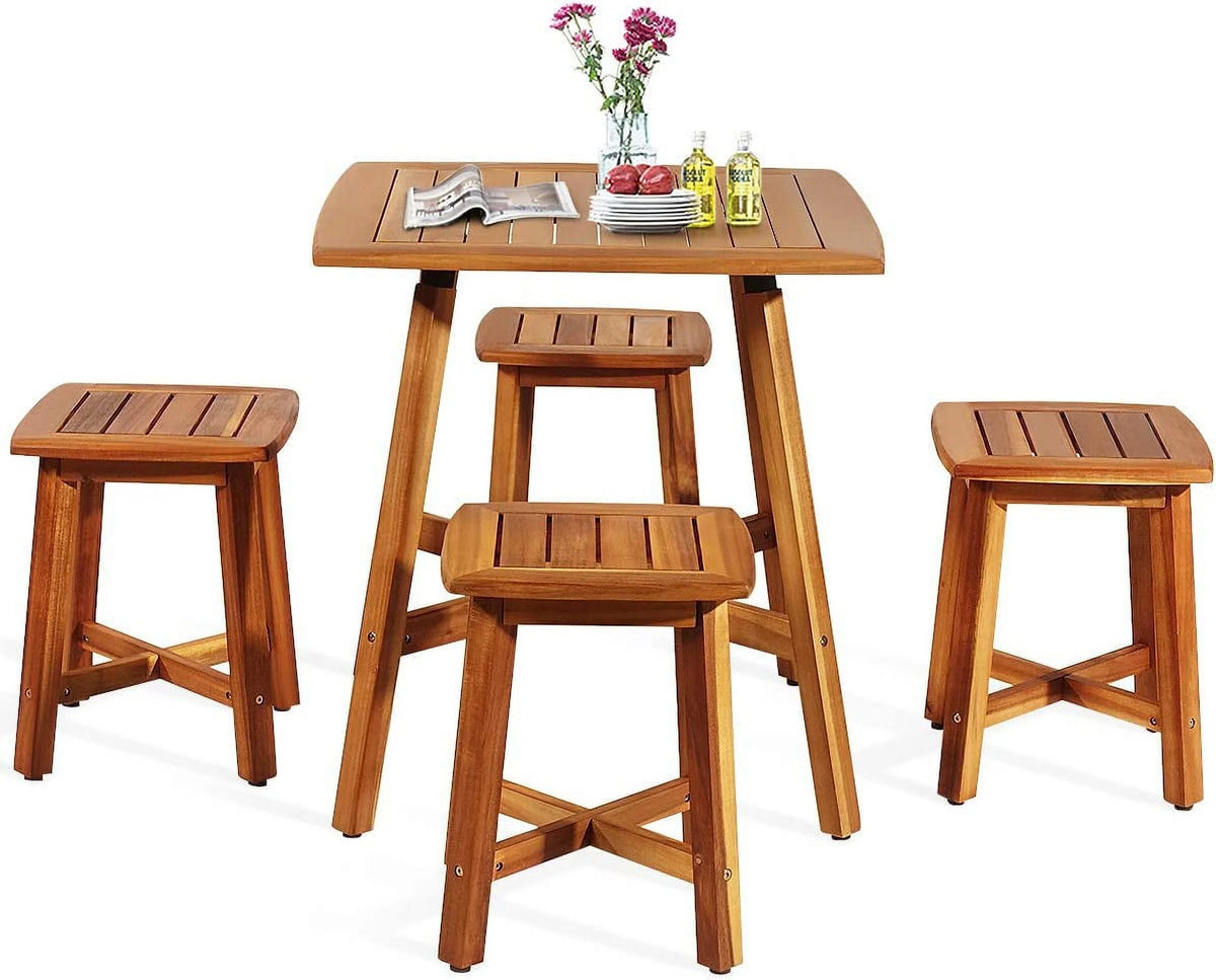 5 Piece Acacia Wood Patio Dining Furniture Set with 4 Stools D375877
