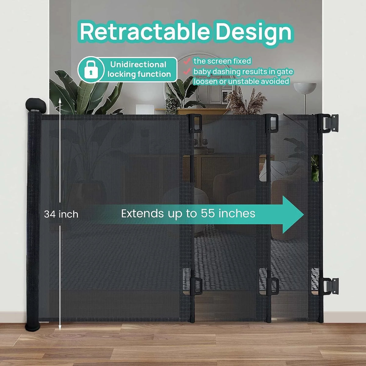 Retractable Black Mesh Baby Gate 34" Tall 55" Wide N418